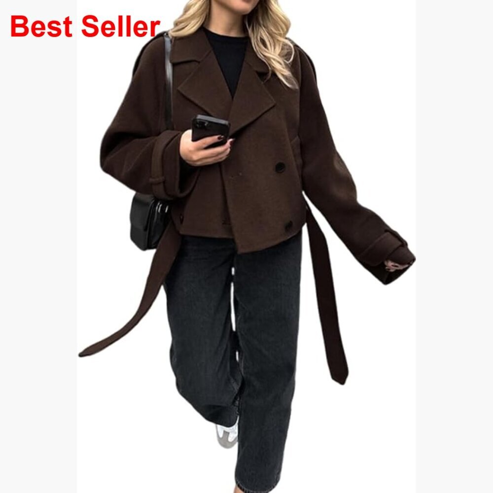 Cropped Wool Blend Pea Coat Double Breasted Notched Lapel Trench